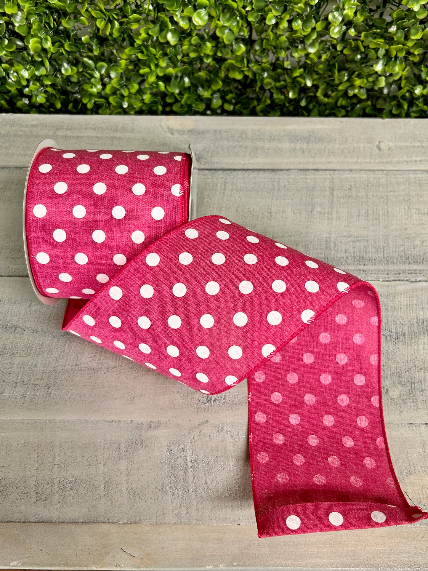 4 Inch By 10 Yard Fuchsia Polka Dot Linen Ribbon