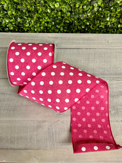 4 Inch By 10 Yard Fuchsia Polka Dot Linen Ribbon