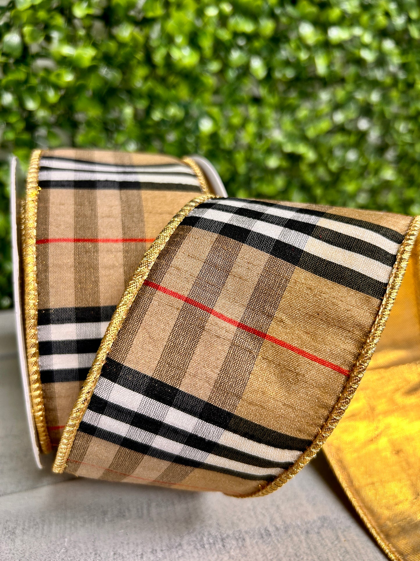 2.5 Inch By 10 Yard Black And Tan Plaid With Gold Back Ribbon