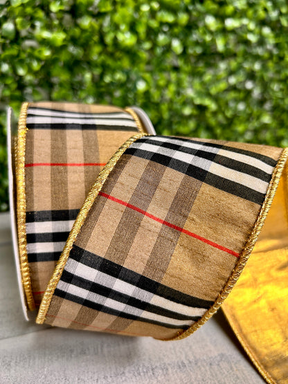 2.5 Inch By 10 Yard Black And Tan Plaid With Gold Back Ribbon