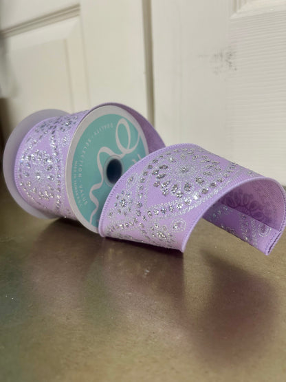 2.5 Inch By 10 Yard Lavender And Silver Deluxe Wavy Floral Ribbon