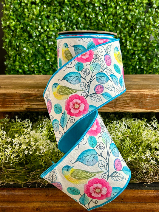 D. Stevens 4 Inch By 10 Yard Spring Floral And Birds Dupioni Ribbon