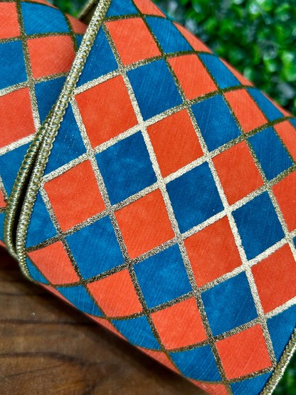4 Inch By 5 Yard Orange And Turquoise Diamond Elite Metallic Outline Deluxe Wired Edge Ribbon