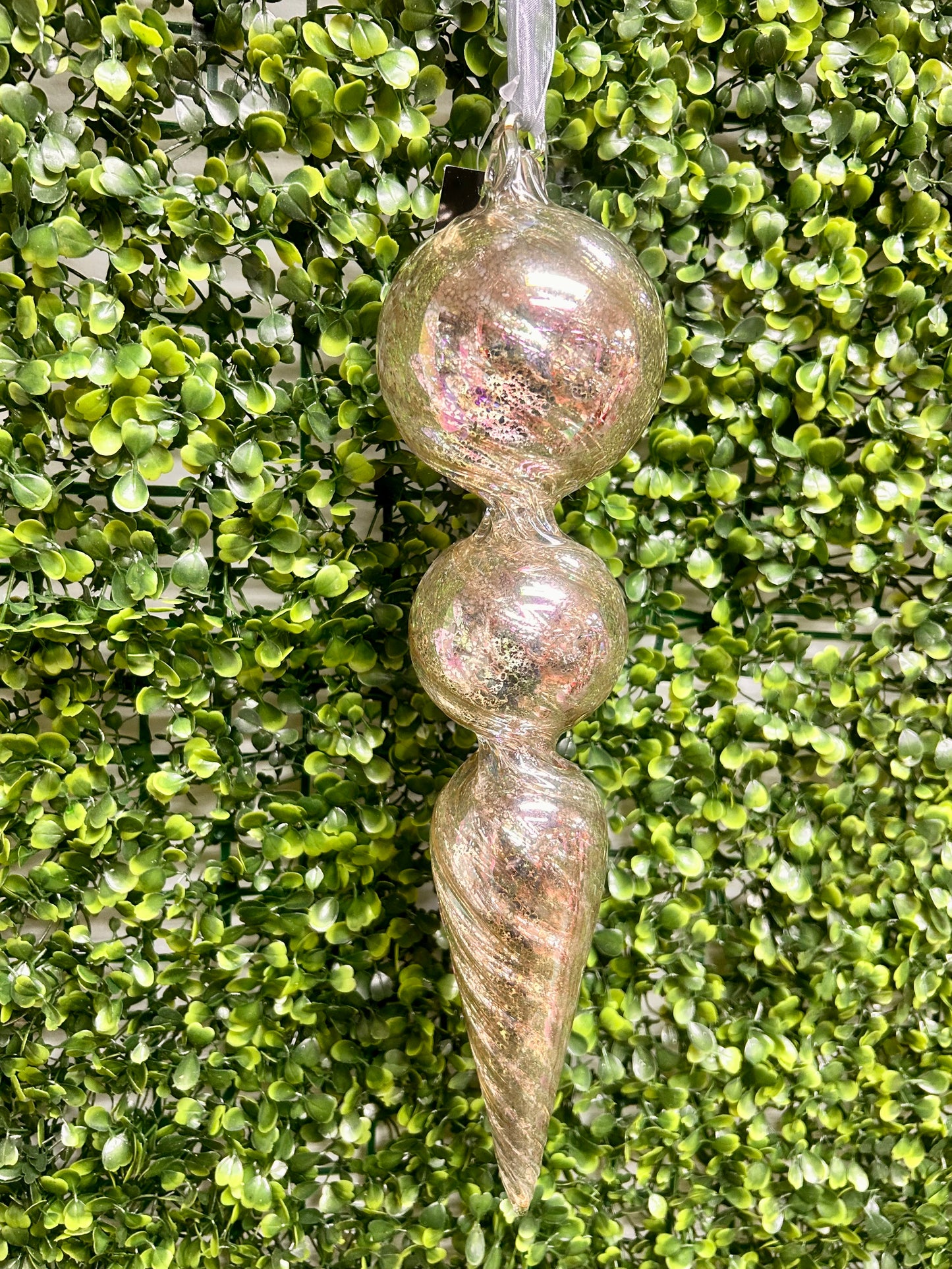 12.5 Inch Silver Iridescent Mercury Double Ball Finial Glass Ornament