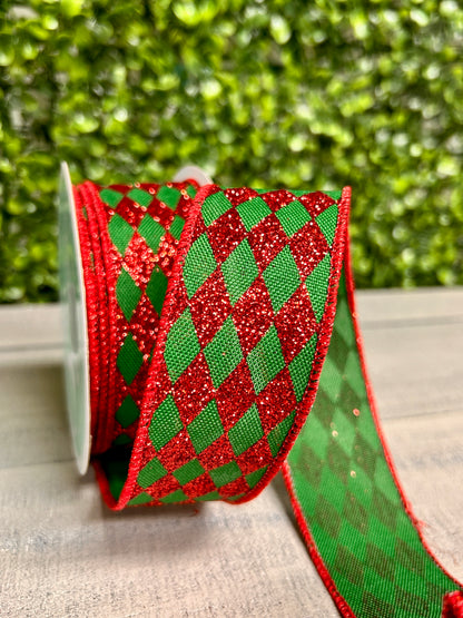 1.5 Inch By 10 Yard Emerald Green And Red Glitter Harlequin Ribbon