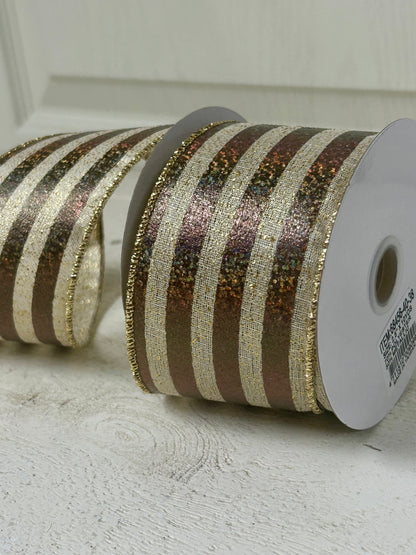 2.5 Inch By 10 Yard Chocolate Natural And Gold Woven Multicolor Stripe Ribbon
