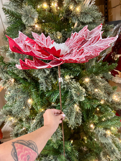 27 Inch Red Snow Covered Poinsettia Stem
