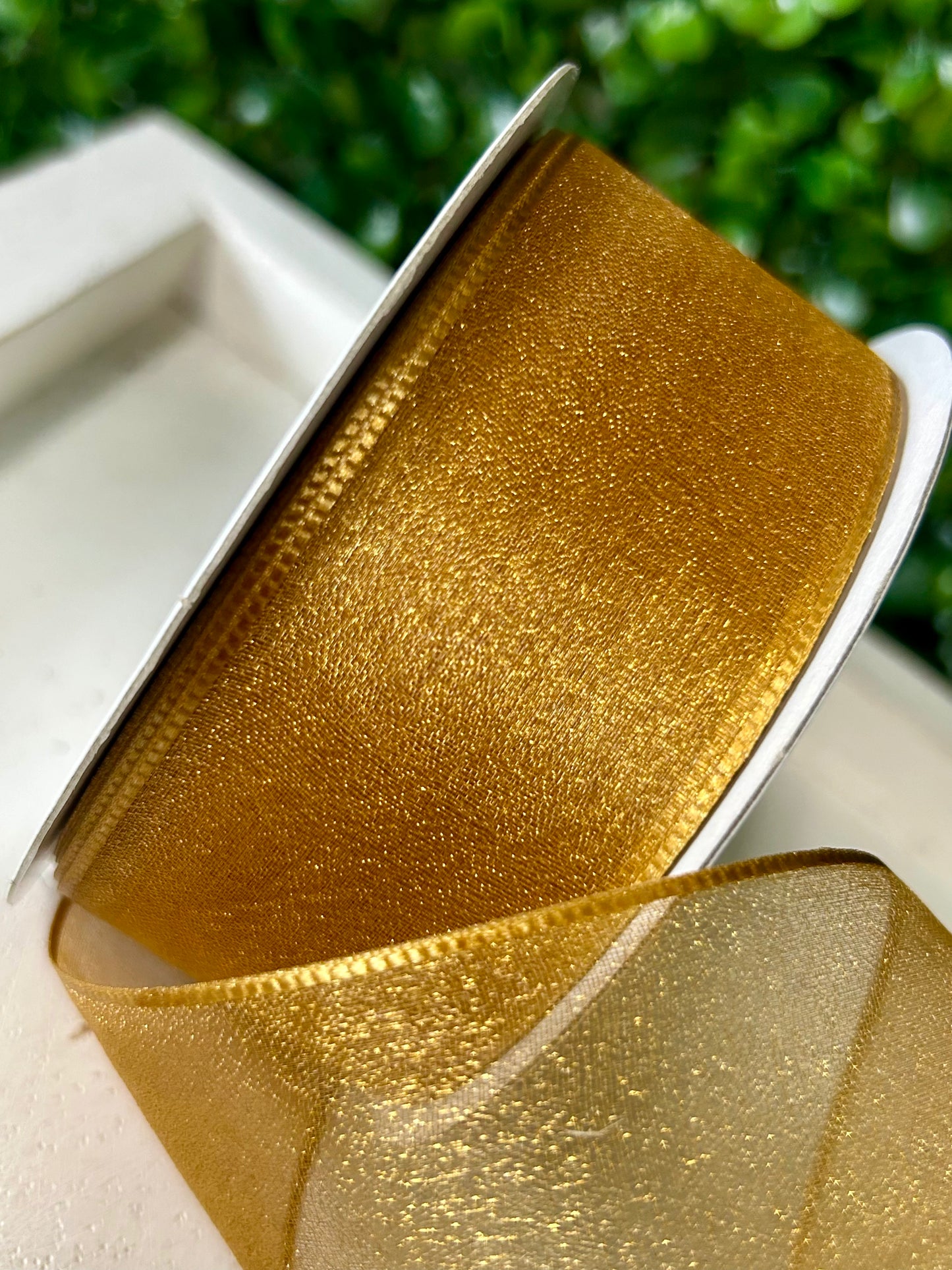 1.5 Inch By 25 Yard Old Gold Snow Organza Unwired Ribbon