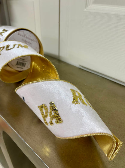 4 Inch By 10 Yard Pa Rum Pum Pum Gold Sequin Embroidery With Drum On Ivory Velvet Ribbon