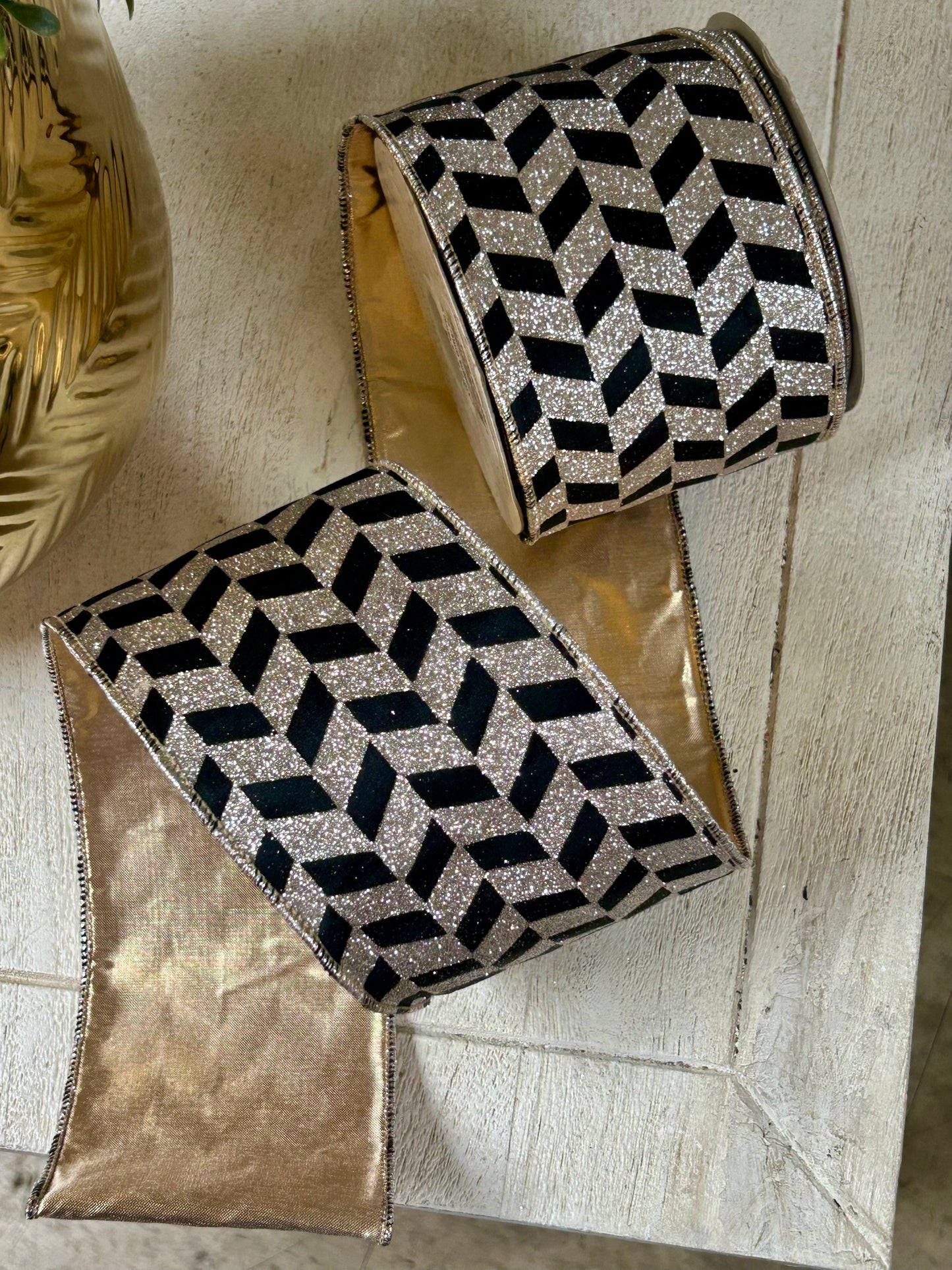 4 Inch By 10 Yard Black Velvet With Champagne Glitter Blocks Ribbon