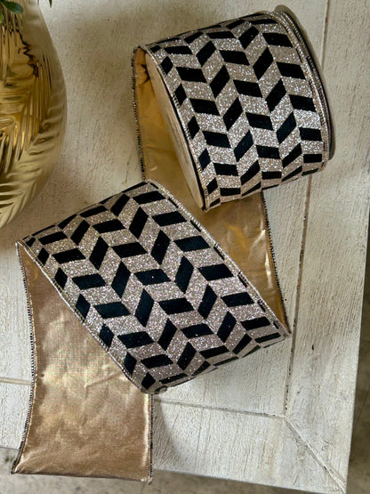 4 Inch By 10 Yard Black Velvet With Champagne Glitter Blocks Ribbon