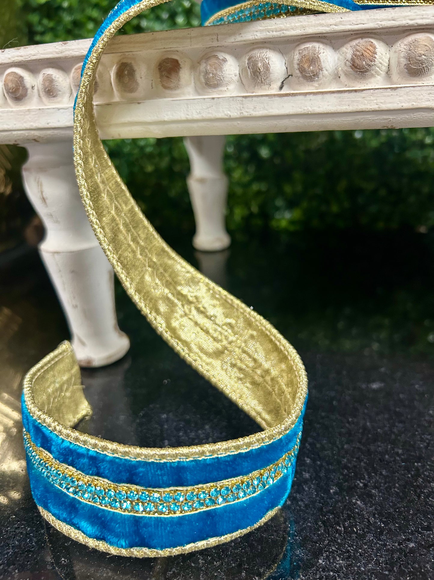 1.5 Inch By 5 Yards Teal And Gold Velvet With Jewel Center Ribbon