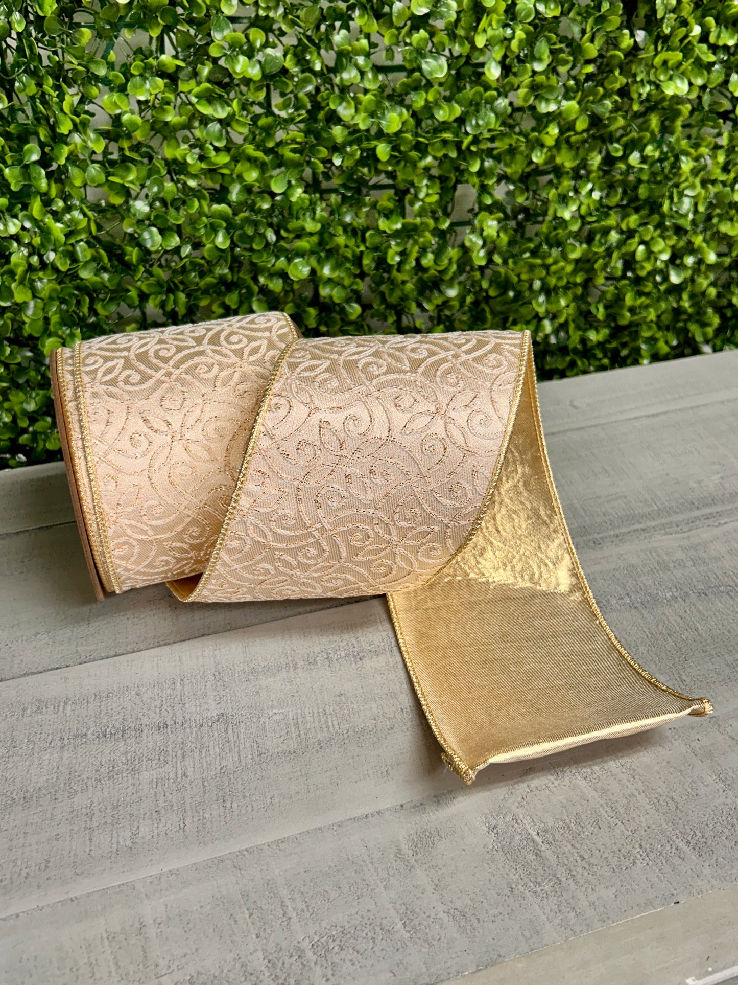 4 Inch By 10 Yard Ivory And Gold Jacquard With Gold Dupioni Fused Backing Ribbon