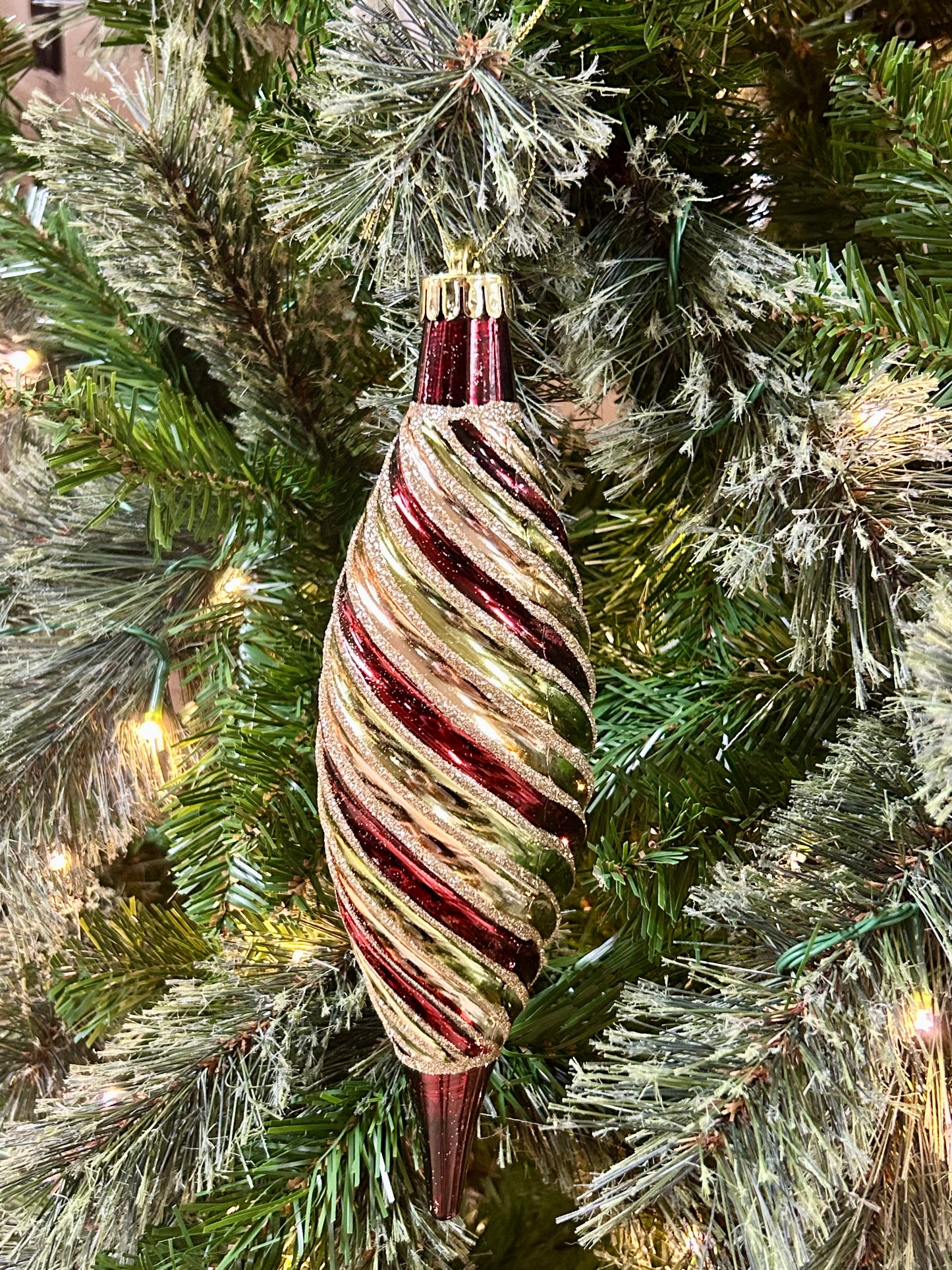 10 Inch Green Gold And Burgundy Swirl Drop Ornament