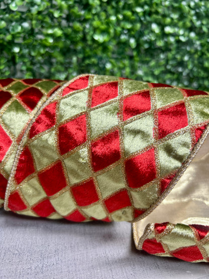 4 Inch By 5 Yard Green Red Gold Glitter Diamond Velvet Ribbon