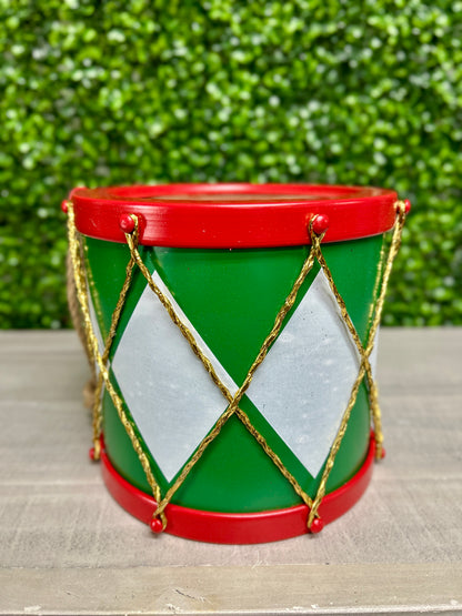 8 Inch Red Green And White Drum Ornament