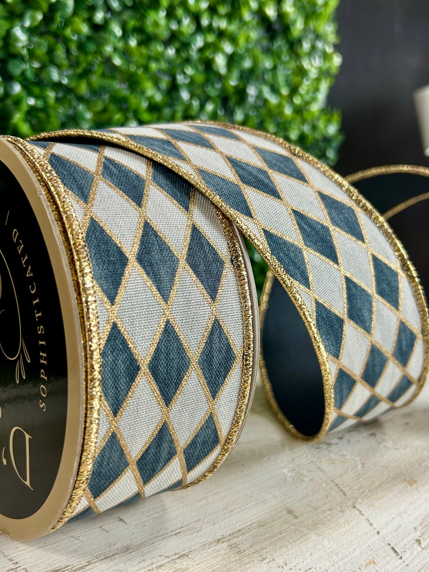 2.5 Inch By 10 Yard Cream Grey Gold And Black Antique Harlequin Fused Ribbon