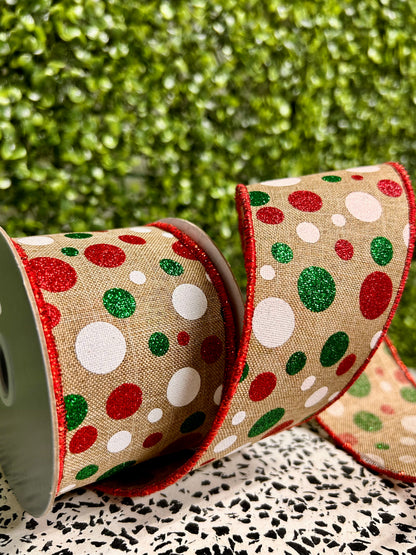 2.5 Inch By 10 Yard Beige White Emerald And Red Polka Dot Ribbon