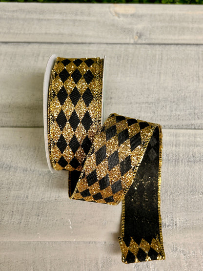 1.5 Inch By 10 Yard Black And Gold Glitter Harlequin Ribbon