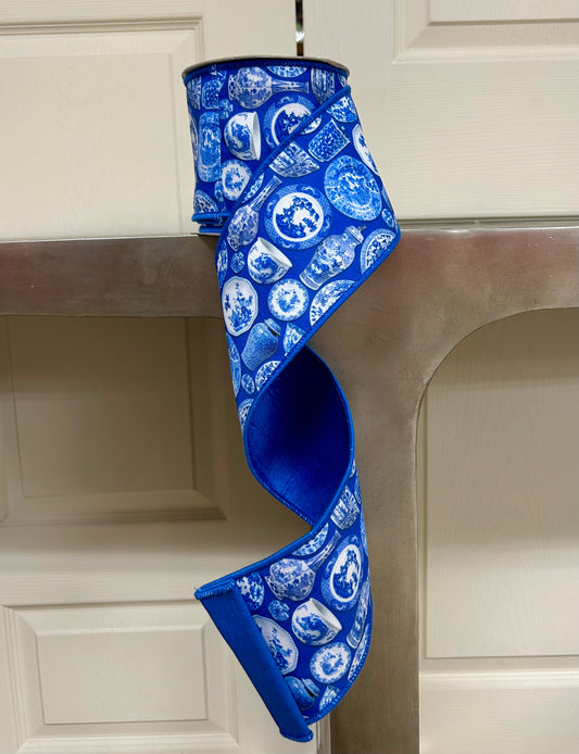 4 Inch By 10 Yard Chinoiserie Print Canvas And Dupioni Ribbon