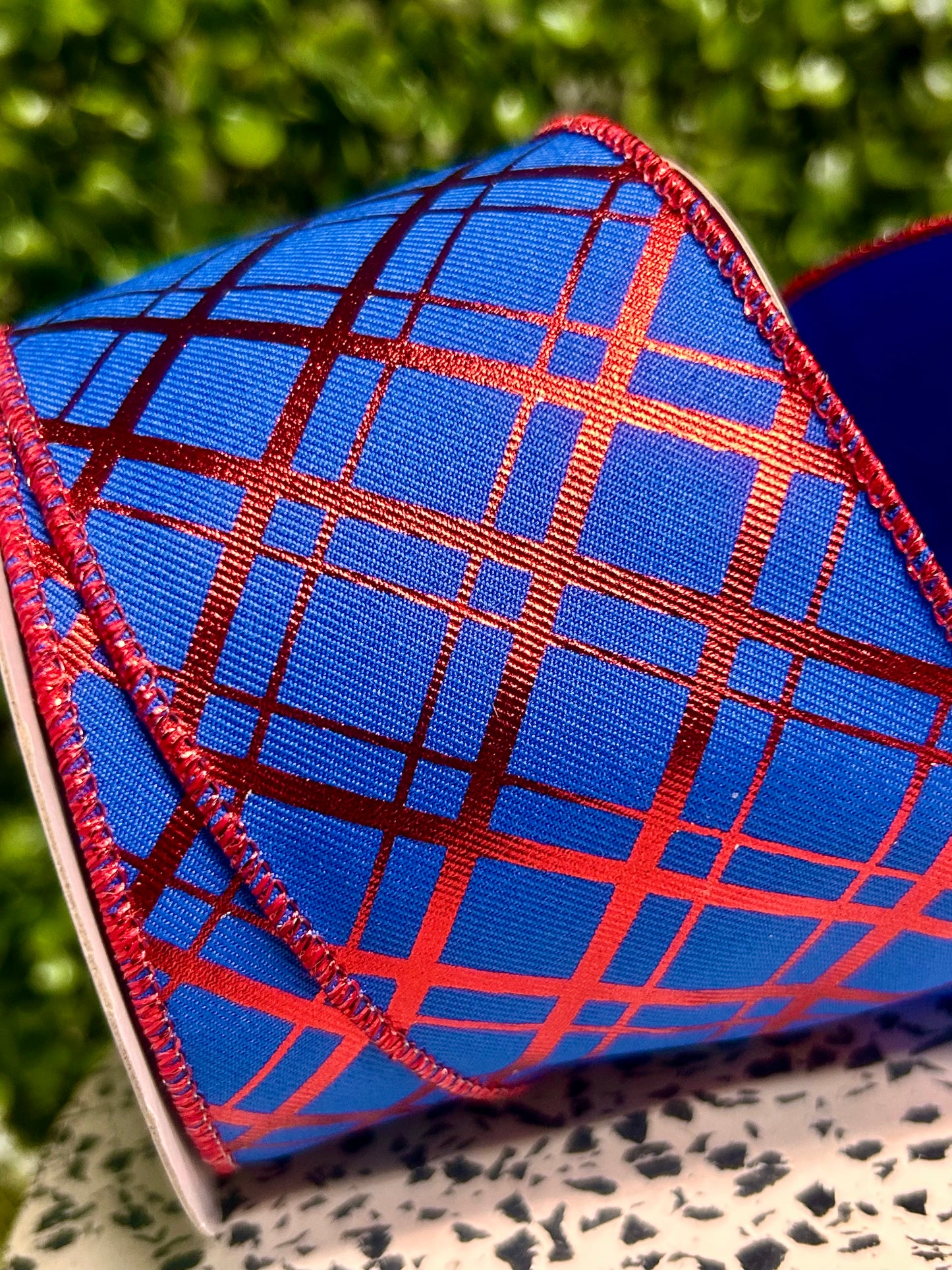 2.5 Inch By 10 Yard Red And Royal Blue Metallic Thick And Thin Diagonal Plaid Ribbon