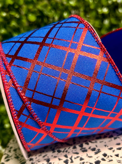 2.5 Inch By 10 Yard Red And Royal Blue Metallic Thick And Thin Diagonal Plaid Ribbon