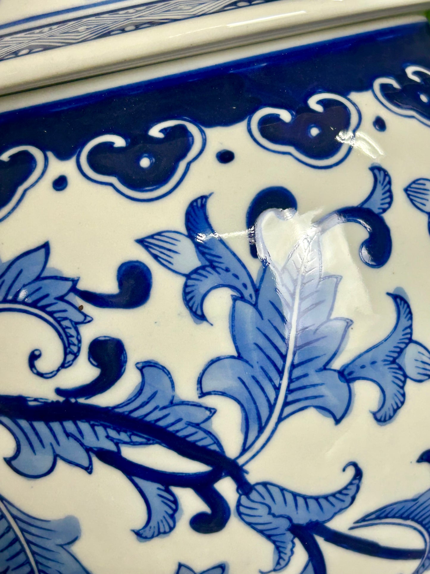 14.25 Inch Royal Blue And White Ceramic Lidded Ginger Jar