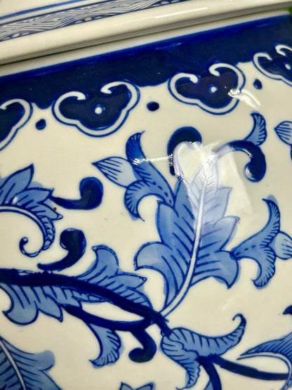 14.25 Inch Royal Blue And White Ceramic Lidded Ginger Jar