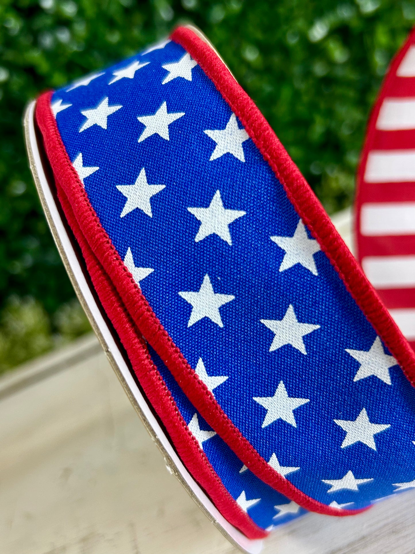 1.5 Inch By 10 Yard Red White And Royal Blue Stars And Striped Fused Back Ribbon