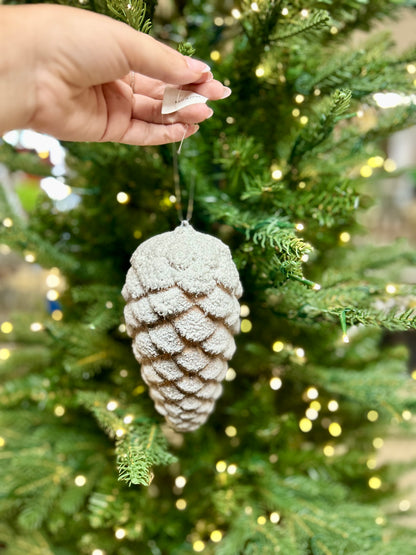 7 Inch White And Brown Pinecone With Snow Ornament