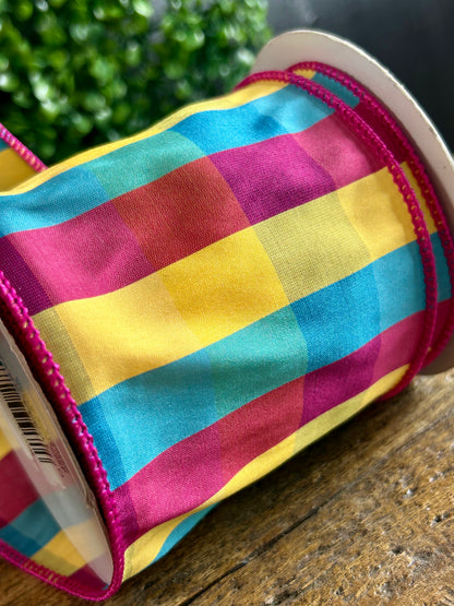 4 Inch By 10 Yard Pink Yellow And Blue Check Ribbon