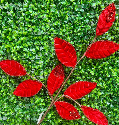 27 Inch Red Velvet And Glitter Magnolia Leaf Spray