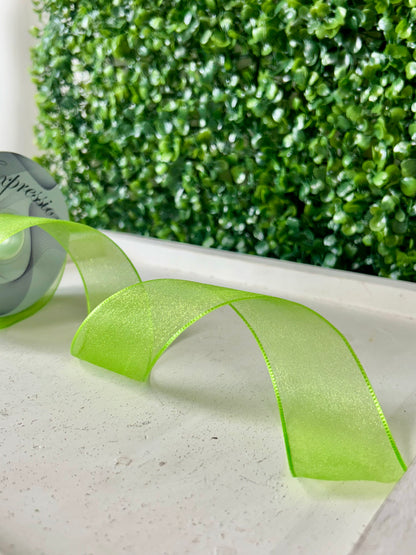 1.5 Inch By 25 Yard Apple Green Snow Organza Unwired Ribbon