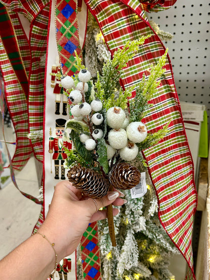 14 Inch White Berry Pinecone Pick