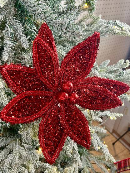 14 Inch Red Glitter And Lace Edge Poinsettia Pick