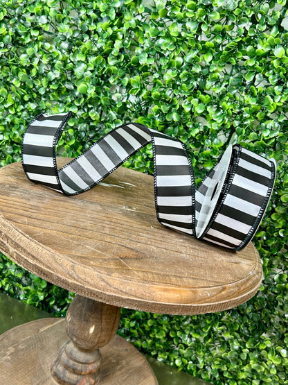 1.5 Inch By 10 Yard Black And White Medium Horizontal Stripe Ribbon