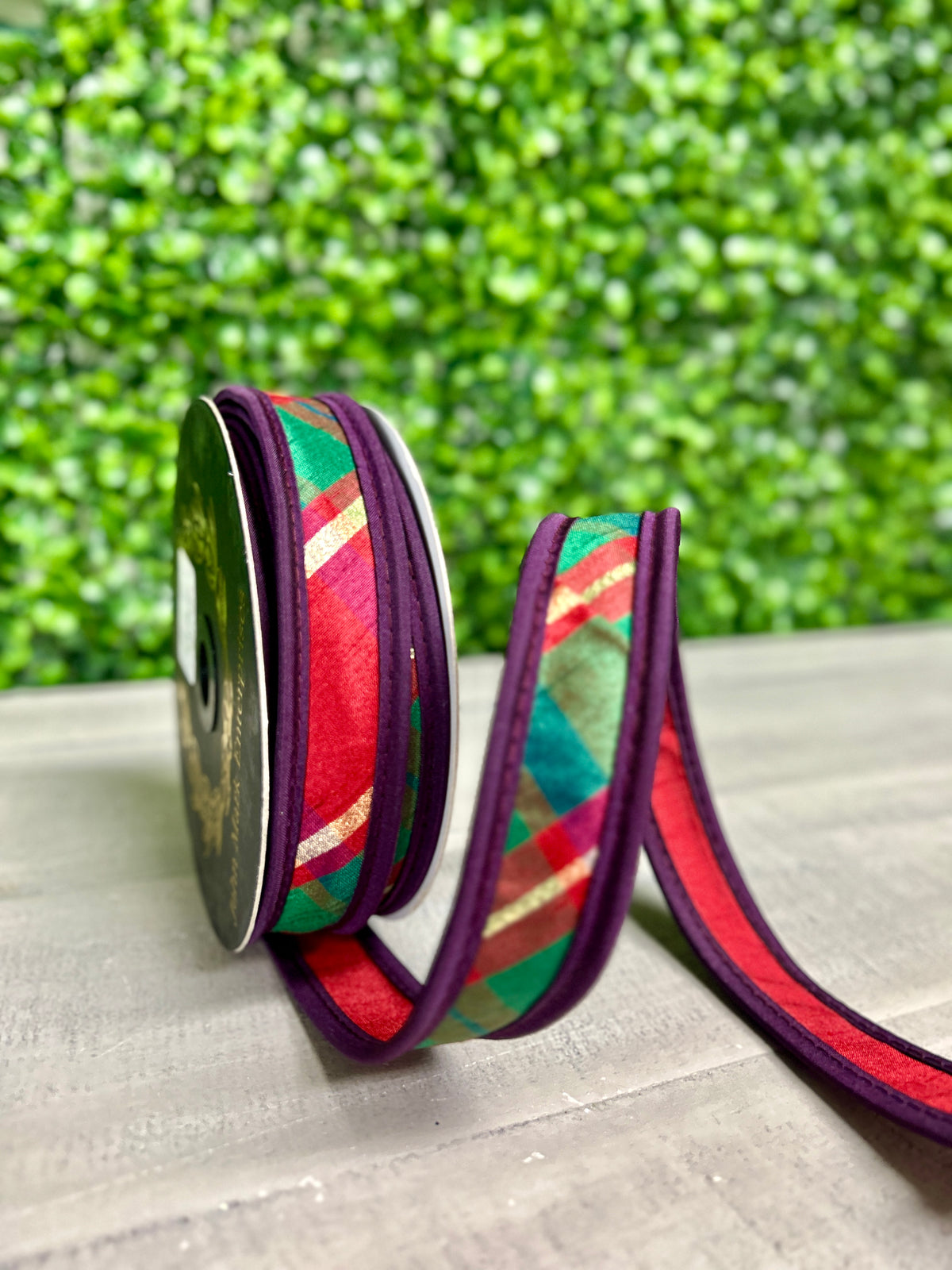 John Mark 1 Inch By 10 Yard Metallic Dupioni Plaid Gold Accent With Purple Edge Ribbon