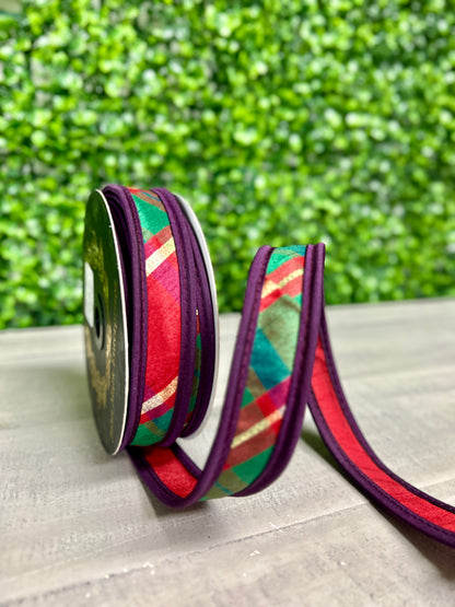 John Mark 1 Inch By 10 Yard Metallic Dupioni Plaid Gold Accent With Purple Edge Ribbon