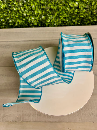 2.5 Inch By 10 Yard Turquoise And White Cabana Stripe Dupioni Ribbon