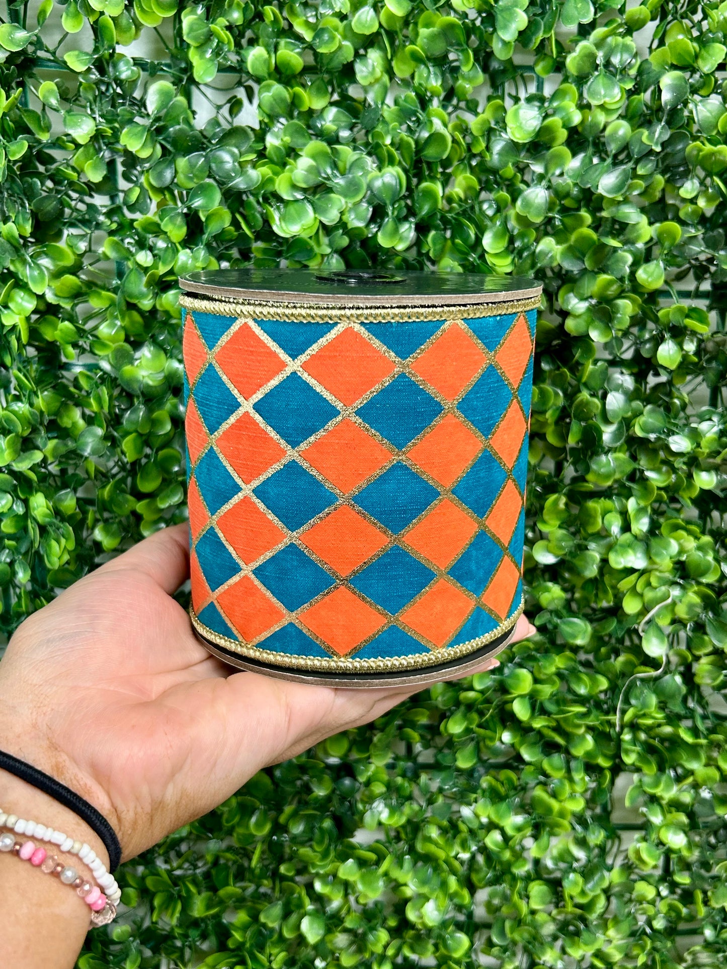 4 Inch By 5 Yard Orange And Turquoise Diamond Elite Metallic Outline Deluxe Wired Edge Ribbon