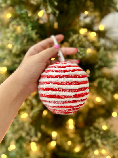 4.5 Inch Chenille Ball Ornament Red And White
