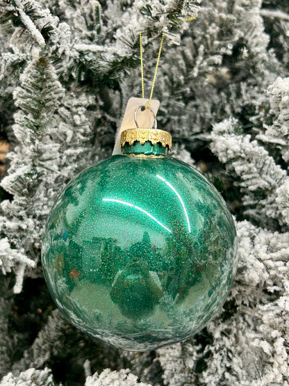5 Inch Emerald Green Lacquer Look Glitter Ball Ornament