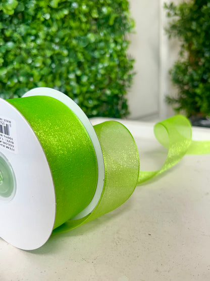1.5 Inch By 25 Yard Apple Green Snow Organza Unwired Ribbon