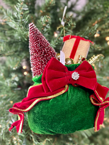 10 Inch Red Green Velvet Sack With Gift Tree Ornament
