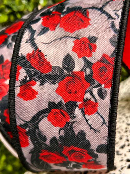 2.5 Inch By 10 Yard Red Roses And Vines Fused Ribbon