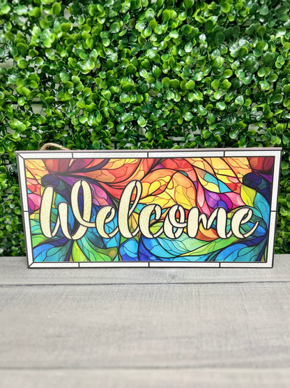 12.5 Inch Welcome Stained Glass Wood Sign