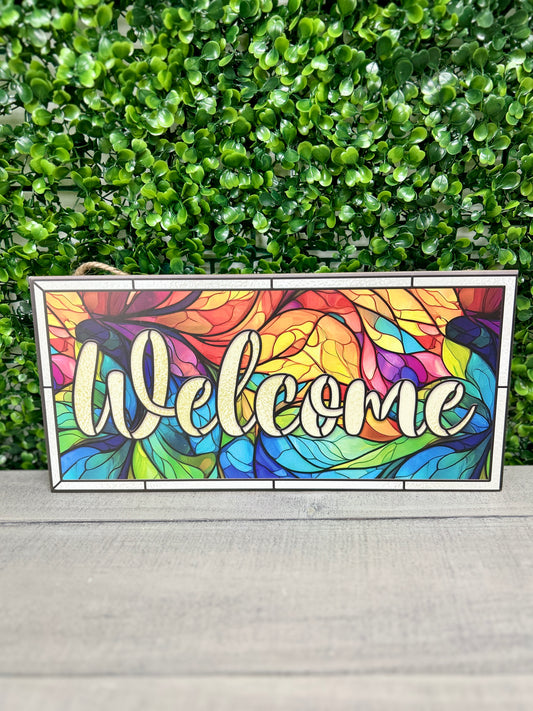 12.5 Inch Welcome Stained Glass Wood Sign