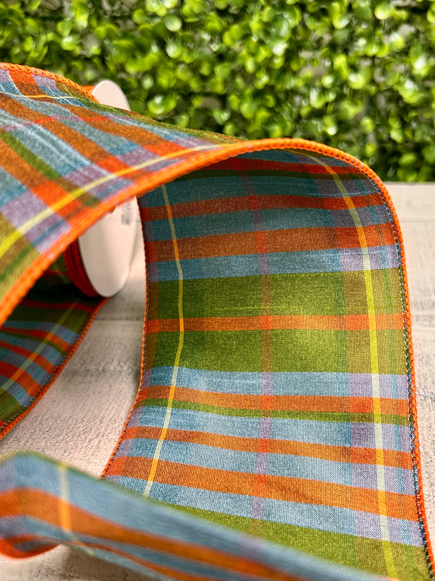 4 Inch By 10 Yard Moss Green Orange And Smoke Blue Faux Dupioni Plaid Ribbon