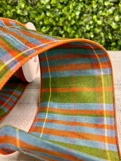 4 Inch By 10 Yard Moss Green Orange And Smoke Blue Faux Dupioni Plaid Ribbon
