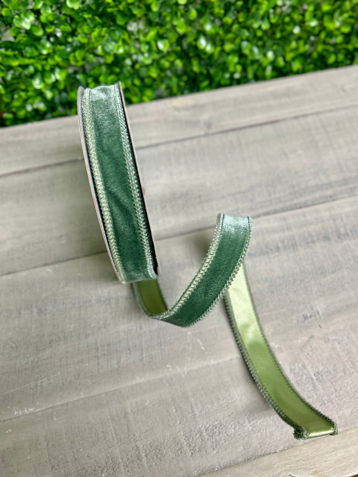 7/8 Inch By 10 Yard Sage Green Deluxe Velvet With Satin Backing Ribbon